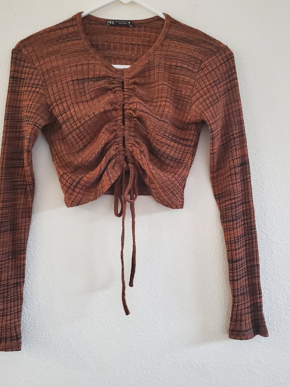 Zara Rust-Brown Ruched Long Sleeve Crop Top Size M